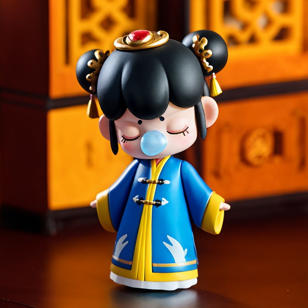 Nanci, 1girl, blue nasal mucus blister, closed eyes, solo, chinese clothes, hair bun, black hair, makeup, hair ornament, eyeshadow, full body, standing, double bun, long sleeves, blur background, <lora:Nanci:0.8>, 