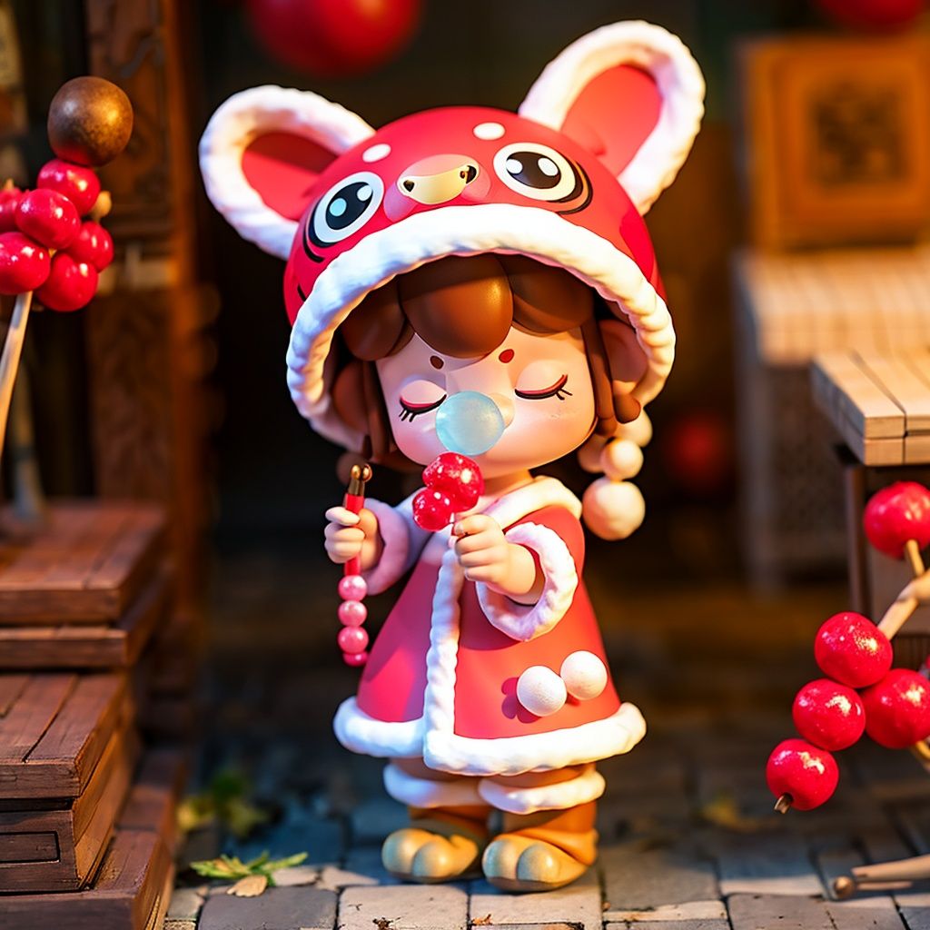 Nanci, 1girl, blue nasal mucus blister, closed eyes, food, solo, photo background, blurry background, blurry, hat, holding, standing, brown hair, dress, facial mark, furry, holding food, dango, animal ears, eating, fur trim, candied haws on a stick, red clothes, Tiger headed hat,<lora:Nanci:0.8>,