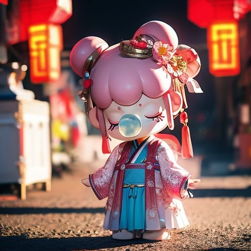 Nanci,1girl,(pink hair:1),blue nasal mucus blister,closed eyes,solo,hair ornament,flower,hair flower,hair bun,blurry,double bun,baby,full body,ribbon,standing,blurry background,chinese clothes,makeup,outdoors,day,long sleeves,<lora:Nanci-NUM:STRENGTH>,