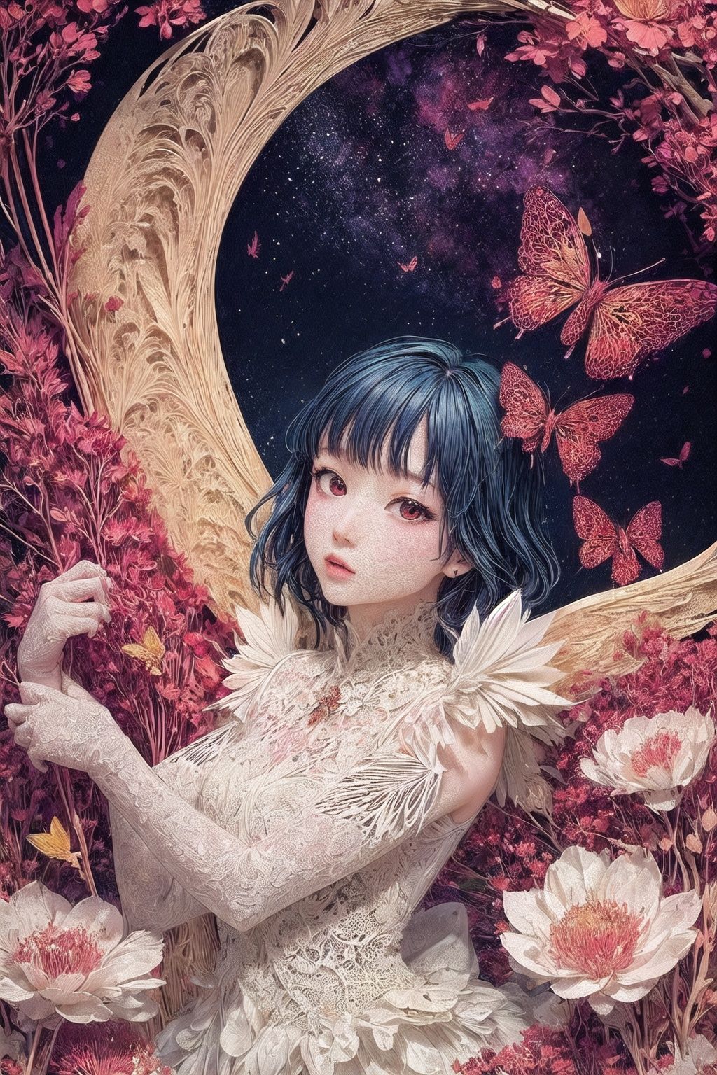abstract art,  (style of Yuko Shimizu:1.3),  (red theme:1.1),  gold theme,  golden butterflies,  dark stars,  1girl,  field of white flowers,  ,  facing viewer,<lora:EMS-1495-EMS:1.000000>,<lora:EMS-8303-EMS:0.800000>