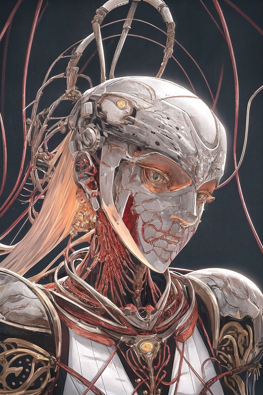 1mechanical girl, ((ultra realistic details)),  portrait,  global illumination,  shadows,  octane render,  8k,  ultra sharp, metal, intricate,  ornaments detailed,  cold colors,  egypician detail,  highly intricate details,  realistic light,  trending on cgsociety,  glowing eyes,  facing camera,  neon details,  machanical limbs, blood vessels connected to tubes, mechanical vertebra attaching to back, mechanical cervial attaching to neck, sitting, wires and cables connecting to head