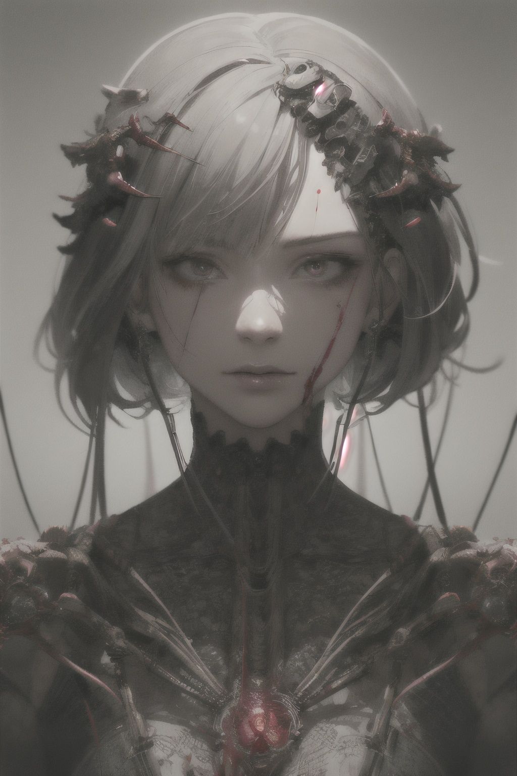 1mechanical girl, ((ultra realistic details)),  portrait,  detailed face, global illumination,  shadows,  octane render,  8k,  ultra sharp, metal, intricate,  ornaments detailed,  cold colors,  egypician detail,  highly intricate details,  realistic light,  trending on cgsociety,  glowing eyes,  facing camera,  neon details,  machanical limbs, blood vessels connected to tubes, mechanical cervial attaching to neck, wires and cables connecting to head, blood, killing machine