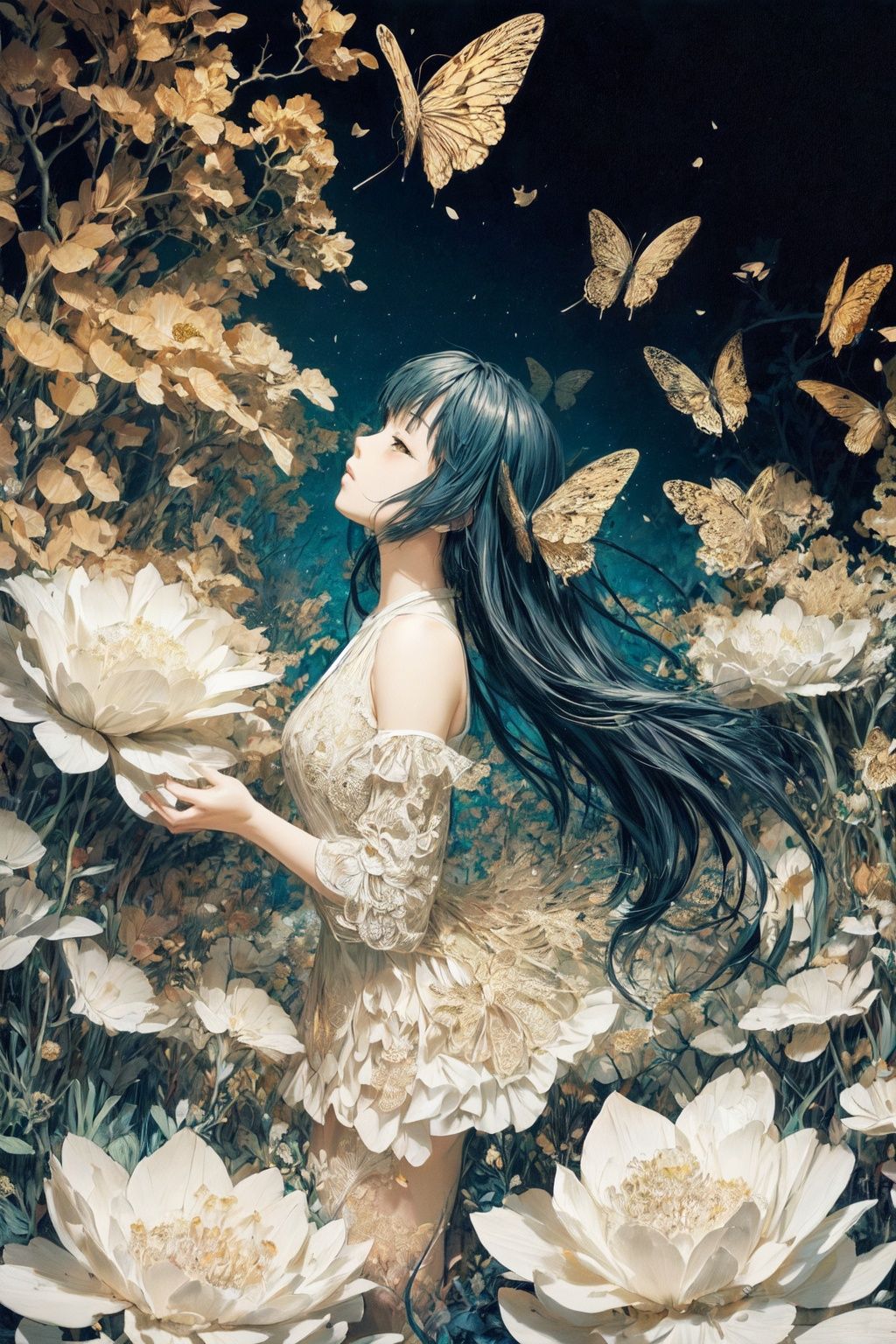 abstract art,  (style of Yuko Shimizu:1.3),  (black theme:1.1),  gold theme,  golden butterflies,  dark stars,  1girl,  field of white flowers,  ,  facing viewer,<lora:EMS-1495-EMS:1.000000>,<lora:EMS-8303-EMS:0.800000>