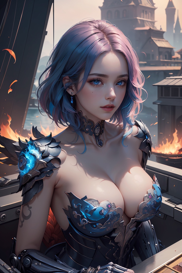 (Masterpiece,  best quality,  official art,  beauty and aesthetics :1.2),  extreme detail,  (fractal art),  colorful,  highest detail,  ((mechanical retouching)),  (embellished),  (1 lady,  solo,  whole body),  (Side :1.2),  gorgeous,  colorful,  ((detailed eyes)),  collarbone,  ([pink | blue] hair),  long hair,  (sides up :0.8),  Magic,  (chuckle :0.6),  Shadow,  boat background,  fire element,  Tattoo
