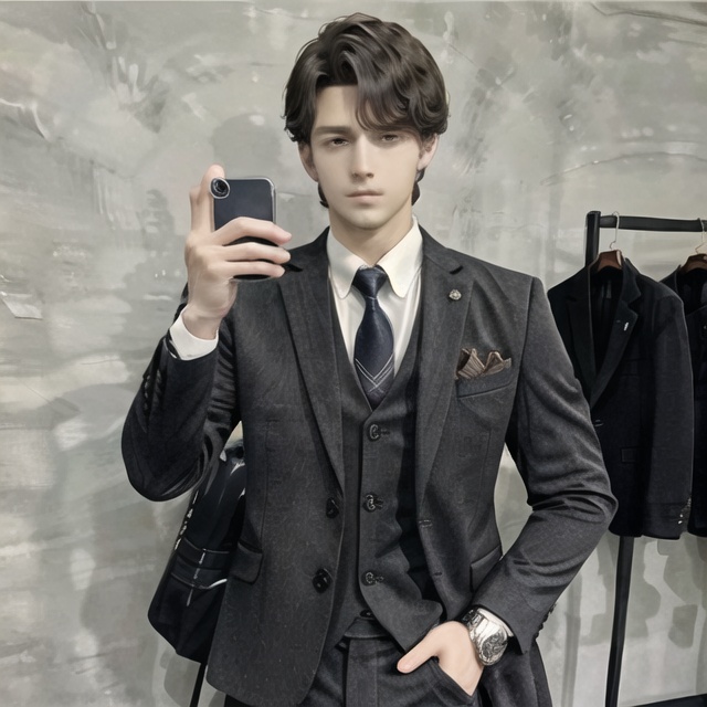  solo, highly detailed, cinematic highlight hair, (best quality), ((masterpiece)),1boy,black eyes,necktie, Anime, suit,watch, wristwatch, phone, holding, jacket,hand in pocket, 