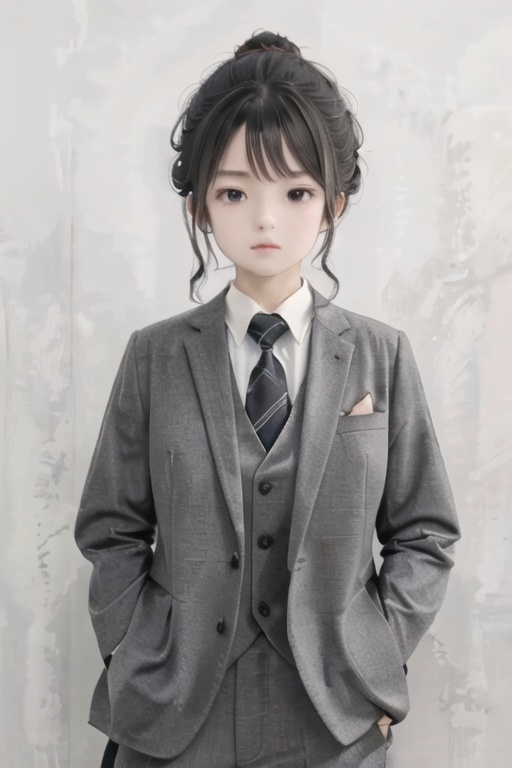  solo, highly detailed, cinematic highlight hair, (best quality), ((masterpiece)),1girl, black hair,updo, black eyes,((big_breasts)), necktie,  long hair, Anime, suit,watch,hand in pocket, simple_background