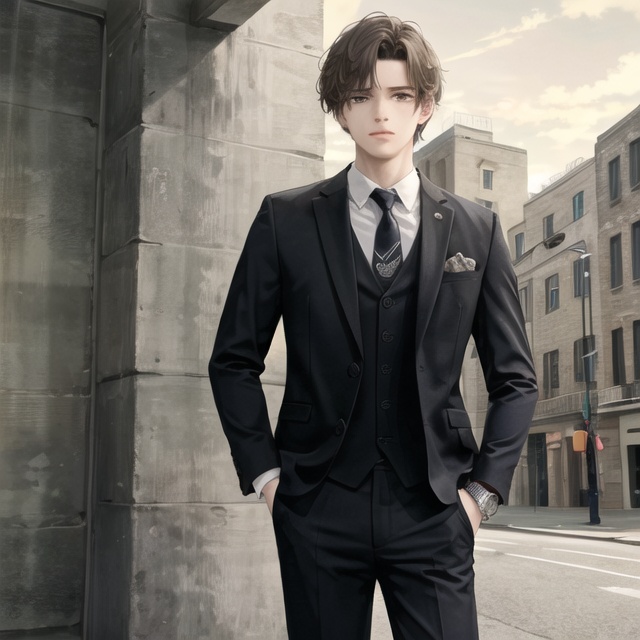  solo, highly detailed, cinematic highlight hair, (best quality), ((masterpiece)),1boy,black eyes,necktie, Anime, suit,watch, wristwatch,hand in pocket,