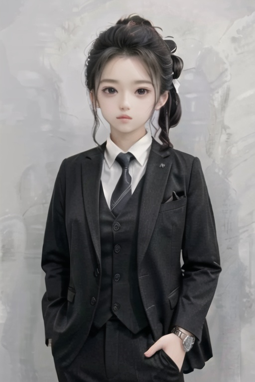  solo, highly detailed, cinematic highlight hair, (best quality), ((masterpiece)),1girl, black hair,updo, black eyes,((big_breasts)), necktie,  long hair, Anime, suit,watch,hand in pocket, simple_background