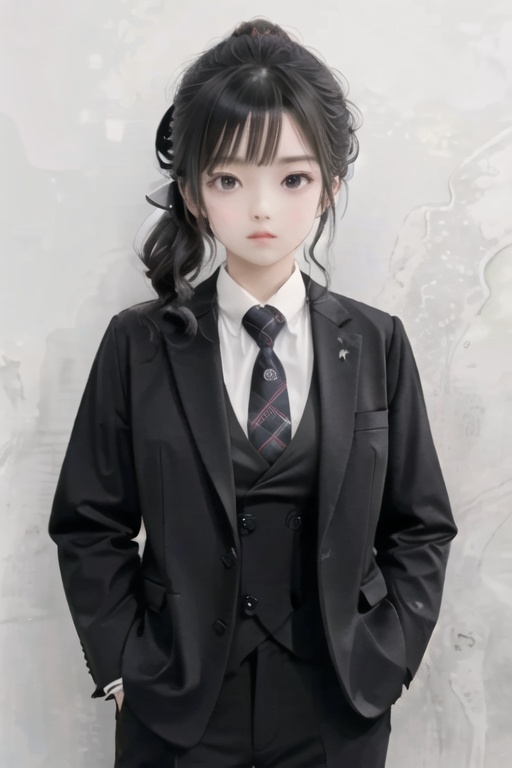  solo, highly detailed, cinematic highlight hair, (best quality), ((masterpiece)),1girl, black hair,updo, black eyes,((big_breasts)), necktie,  long hair, Anime, suit,watch,hand in pocket, simple_background