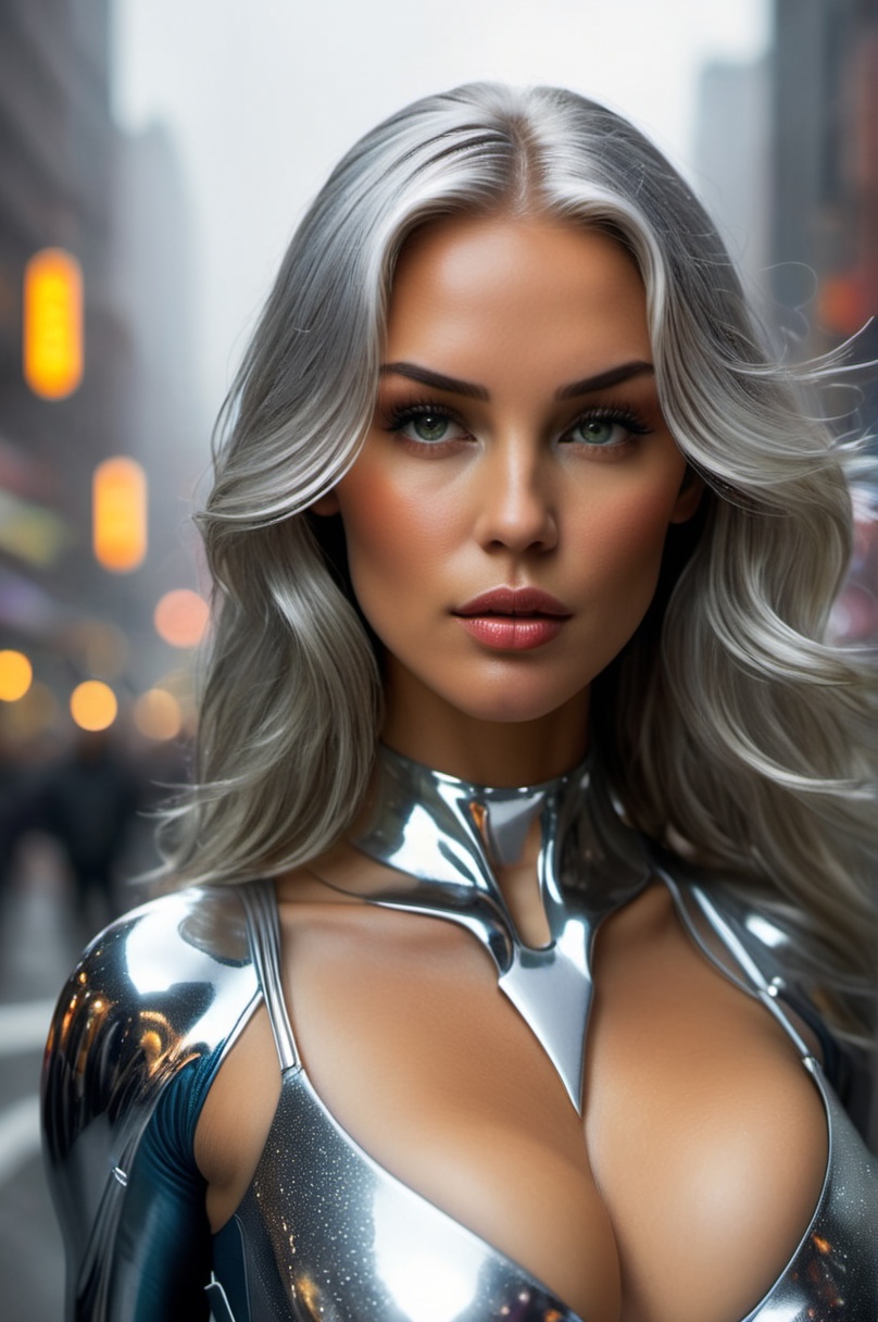 {{focus beautiful Dutch Italian Girl as Silver Surfer }}},  gigantic overflowing hanging boobs,  reflective silver metalli...