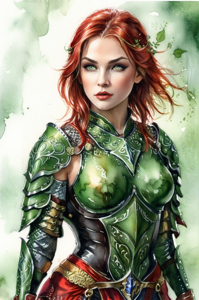 (((watercolor art))),  sexy woman mage in armor with a green top and red pants,  ornate armor on Tensor.Art
