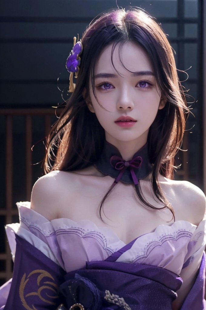  (Good structure), 
HDR, UHD, 8K, A real person, Highly detailed, best quality, masterpiece, 1girl, realistic, Highly detailed, (EOS R8, 50mm, F1.2, 8K, RAW photo:1.2), ultra realistic 8k, (best illumination, best shadow, extremely delicate and beautiful), (official art, beautiful and aesthetic:1.2), solo, 1girl, , , pose for picture, Dynamic pose, looking_at_viewer, , perfect body,
,raiden shogun,
purple hair,
purple eyes,
japanese clothes,
leidian,
, raiden shogun