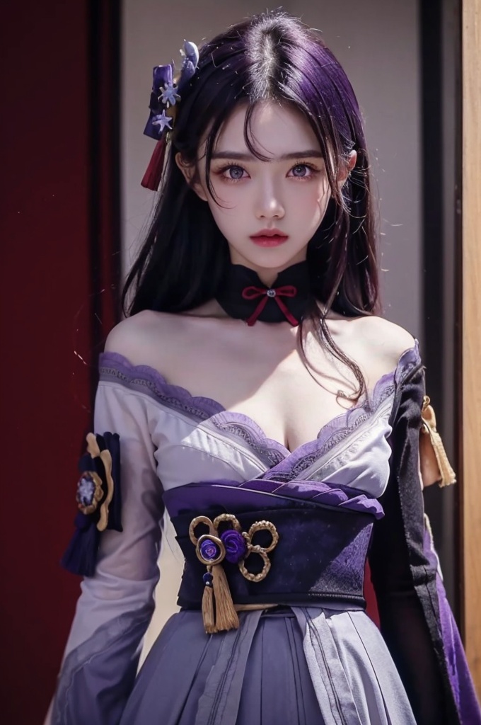  (Good structure), 
HDR, UHD, 8K, A real person, Highly detailed, best quality, masterpiece, 1girl, realistic, Highly detailed, (EOS R8, 50mm, F1.2, 8K, RAW photo:1.2), ultra realistic 8k, (best illumination, best shadow, extremely delicate and beautiful), (official art, beautiful and aesthetic:1.2), solo, 1girl, , , pose for picture, Dynamic pose, looking_at_viewer, , perfect body,
,raiden shogun,
purple hair,
purple eyes,
japanese clothes,
leidian,
, raiden shogun