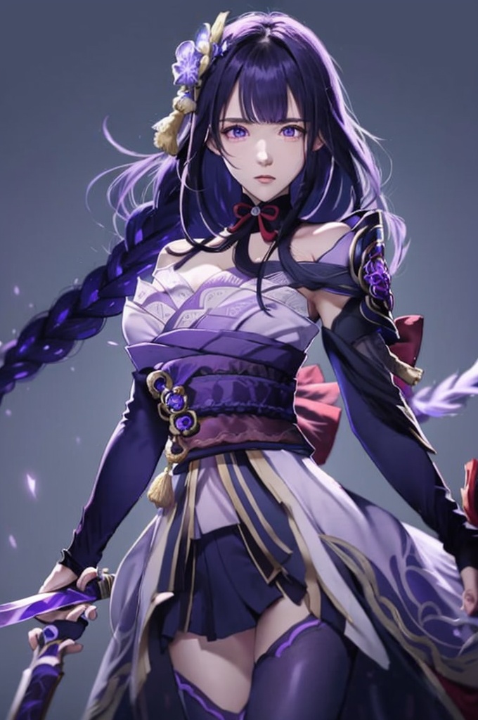 leidian, 1girl, raiden shogun, solo, weapon, long hair, purple hair, human scabbard, purple eyes, japanese clothes, sword, musou isshin \(genshin impact\), holding weapon, bangs, holding sword, holding, kimono, hair ornament, obi, sash, braid, looking at viewer, flower, drawing sword, obiage, bridal gauntlets, purple flower, closed mouth, electricity, breasts, ribbon, obijime, shoulder armor, armor, wide sleeves, tomoe \(symbol\), large breasts, tassel,dslr