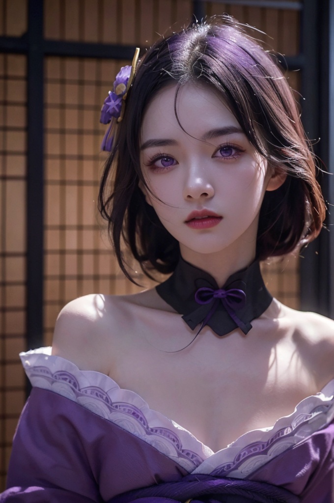  (Good structure), 
HDR, UHD, 8K, A real person, Highly detailed, best quality, masterpiece, 1girl, realistic, Highly detailed, (EOS R8, 50mm, F1.2, 8K, RAW photo:1.2), ultra realistic 8k, (best illumination, best shadow, extremely delicate and beautiful), (official art, beautiful and aesthetic:1.2), solo, 1girl, , , pose for picture, Dynamic pose, looking_at_viewer, , perfect body,
,raiden shogun,
purple hair,
purple eyes,
japanese clothes,
leidian,
, raiden shogun