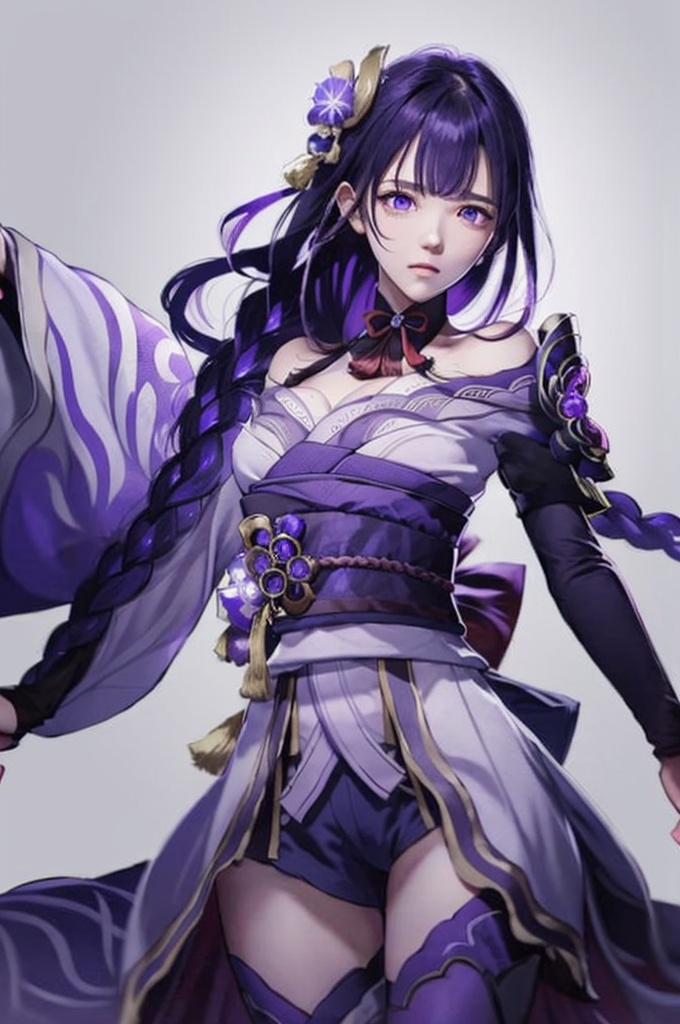 leidian, 1girl, raiden shogun, solo, weapon, long hair, purple hair, human scabbard, purple eyes, japanese clothes, sword, musou isshin \(genshin impact\), holding weapon, bangs, holding sword, holding, kimono, hair ornament, obi, sash, braid, looking at viewer, flower, drawing sword, obiage, bridal gauntlets, purple flower, closed mouth, electricity, breasts, ribbon, obijime, shoulder armor, armor, wide sleeves, tomoe \(symbol\), large breasts, tassel