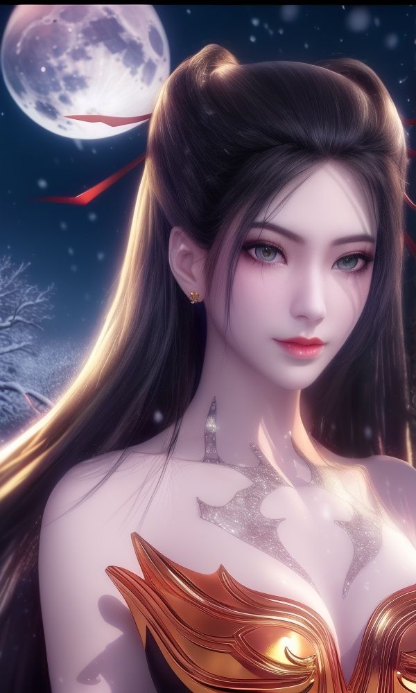 <lora:357-DA-天行九歌-焰灵-红装:0.9>ultra realistic 8k cg, picture-perfect face, flawless, clean, masterpiece, professional artwork, famous artwork, cinematic lighting, cinematic bloom, fantasy, dreamlike, unreal, science fiction, ((,1girl, pov,))(((,tree, 1girl, full moon,snowing,snow ,solo,     solo focus,  long_hair, looking_at_viewer,  )))  (rich:1.4,)     prestige, luxury, jewelry, diamond, gold, pearl, gem, sapphire, ruby, emerald, intricate detail, delicate pattern, charming, alluring, seductive, erotic, enchanting, hair ornament, necklace, earrings, bracelet, ,