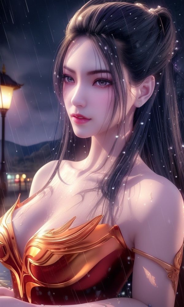 <lora:357-DA-天行九歌-焰灵-红装:0.8>,(,1girl, ,best quality, ),ultra detailed 8k cg, ultra detailed background,  ultra realistic 8k cg, flawless,  tamari \(flawless\), professional artwork, famous artwork, cinematic lighting, cinematic bloom, (( , )),, dreamlike, unreal, science fiction,  luxury, jewelry, diamond, pearl, gem, sapphire, ruby, emerald, intricate detail, delicate pattern, charming, alluring, seductive, erotic, enchanting, hair ornament, necklace, earrings, bracelet, armlet,halo,masterpiece, (( , )),,  ,cherry blossoms,(((, night,night sky,lamppost,  ultra high res, (photorealistic:1.4), raw photo, 1girl, , rain, sweat, ,wet, )))(( , ))   (()), (),