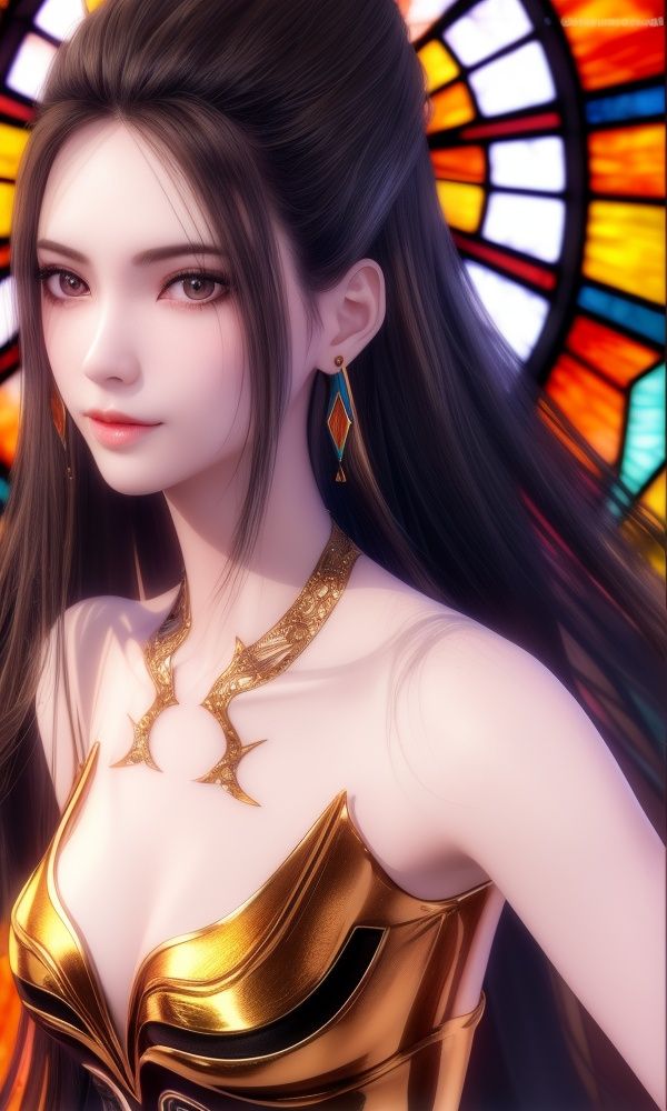 (,1girl, ,best quality, )<lora:357-DA-天行九歌-焰灵-红装:0.7>,,ultra detailed background,ultra detailed background,ultra realistic 8k cg,,, (close-up portrait),(upper body:1.22),(realistic:1.11),(Photo-referencing),HDR,Studio Lighting,Soft Lighting, ,, a slender petite little girl,Delicate muscle lines,(Skinny body),(solo:1.5),( looking at viewer:1.22),The white shiny skin, (smirk:1.2),(dynamic pose),(arms behind back),arms at sides, (very long payot),(Absurdly long Brown straight hair:1.22),parted bangs, (floating hair), (jewelry:1.17), necklace, earrings,(colorful:1.27),(stained glass background),(),(()),,