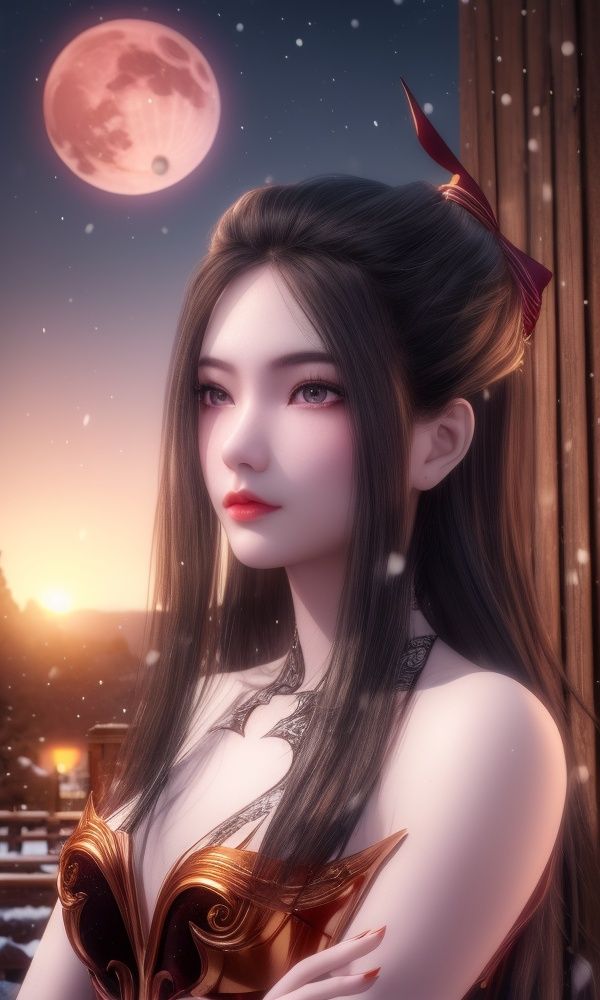(,1girl, ,best quality, )<lora:357-DA-天行九歌-焰灵-红装:0.8>,, ,masterpiece, (( , )),, realistic,science fiction,mole, ultra realistic 8k cg, ,tamari \(flawless\),     ,outdoors, snow, snowing, snow on head, sun,sunset,sunlight,moonlight,full moon, red moon,  crescent moon,  crescent rose,  black rose,       (()), (),