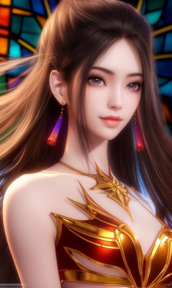 (,1girl, ,best quality, )<lora:357-DA-天行九歌-焰灵-红装:0.7>,,ultra detailed background,ultra detailed background,ultra realistic 8k cg,,, (close-up portrait),(upper body:1.22),(realistic:1.11),(Photo-referencing),HDR,Studio Lighting,Soft Lighting, ,, a slender petite little girl,Delicate muscle lines,(Skinny body),(solo:1.5),( looking at viewer:1.22),The white shiny skin, (smirk:1.2),(dynamic pose),(arms behind back),arms at sides, (very long payot),(Absurdly long Brown straight hair:1.22),parted bangs, (floating hair), (jewelry:1.17), necklace, earrings,(colorful:1.27),(stained glass background),(),(()),,