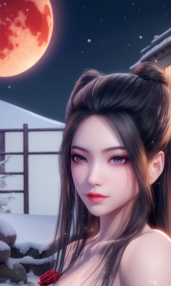 (,1girl, ,best quality, )<lora:357-DA-天行九歌-焰灵-红装:0.8>,, ,masterpiece, (( , )),, realistic,science fiction,mole, ultra realistic 8k cg, ,tamari \(flawless\),     ,outdoors, snow, snowing, snow on head, sun,sunset,sunlight,moonlight,full moon, red moon,  crescent moon,  crescent rose,  black rose,       (()), (),