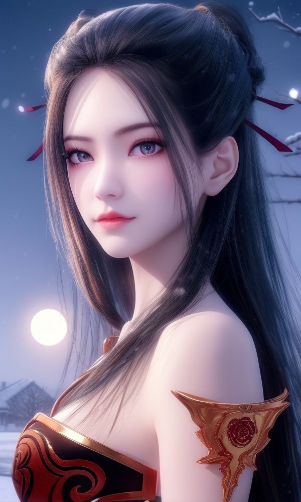 (,1girl, ,best quality, )<lora:357-DA-天行九歌-焰灵-红装:0.8>,, ,masterpiece, (( , )),, realistic,science fiction,mole, ultra realistic 8k cg, ,tamari \(flawless\),     ,outdoors, snow, snowing, snow on head, sun,sunset,sunlight,moonlight,full moon, red moon,  crescent moon,  crescent rose,  black rose,       (()), (),