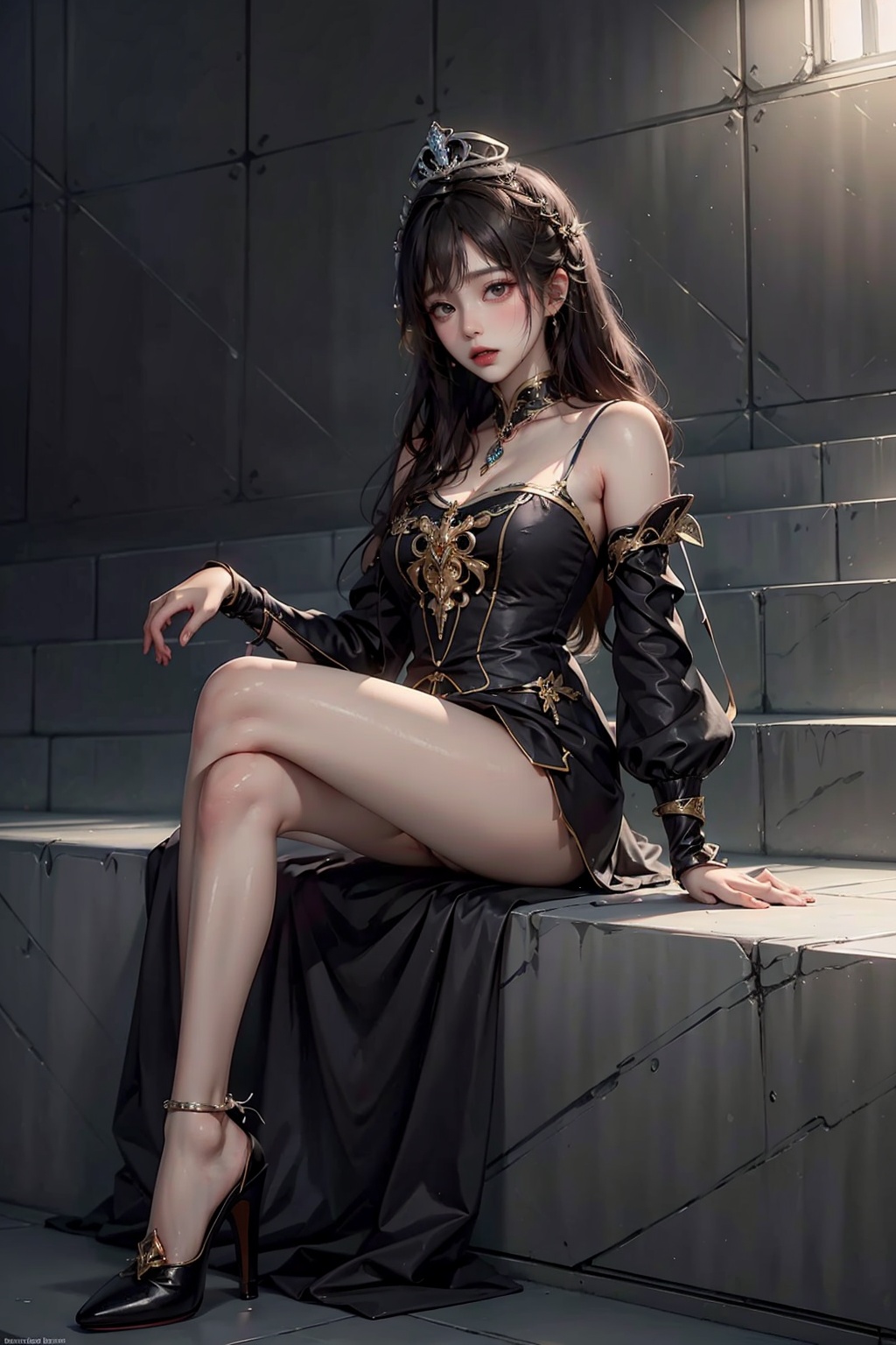 (Representative work: 1.3), highest quality, illustrations, sunshine, (Beauty of details: 1.3) Looking at the audience, big chest, ribbons, 8K quality, realistic visual effects, volume lighting, movie image quality, ultimate details, complex and exquisite details, full body photos, princess dress, sitting position, knee length black silk, high heels,Princess Crown