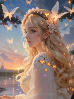  (\shen ming shao nv\), glowing butterfly, 1girl, long hair, solo, blonde hair, sitting, white dress, cloud, sky, sunset, profile, outdoors,watery eyes,delicate detailed eyes,(card capture sakura:0.3),long hair,black hair mange style,long sleeve,flower headband,roses background,4k,8k,round eyes,round pupil,happy,colourful,fantasy magical,complex hair detail,happy,texture on clothings,fireflies