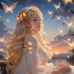  (\shen ming shao nv\), glowing butterfly, 1girl, long hair, solo, blonde hair, sitting, white dress, cloud, sky, sunset, profile, outdoors,watery eyes,delicate detailed eyes,(card capture sakura:0.3),long hair,black hair mange style,long sleeve,flower headband,roses background,4k,8k,round eyes,round pupil,happy,colourful,fantasy magical,complex hair detail,happy,texture on clothings,fireflies,1girl,