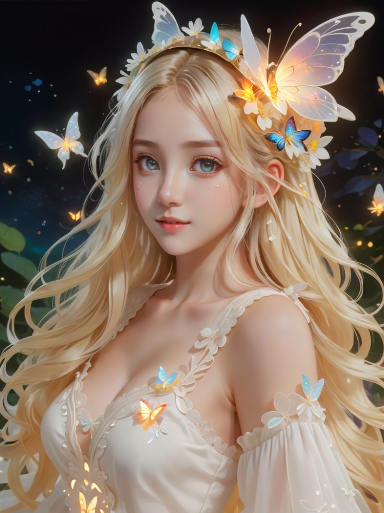  (\shen ming shao nv\), glowing butterfly, 1girl,from left side, long hair, blonde hair,  white dress,Upper body to thighs,  watery eyes,delicate detailed eyes,long hair,black hair mange style,long sleeve,flower headband,4k,8k,round eyes,round pupil,happy,colourful,fantasy magical,complex hair detail,happy,texture on clothings,