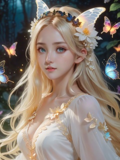  (\shen ming shao nv\),front, glowing butterfly, 1girl,long hair, blonde hair,  white dress, watery eyes,delicate detailed eyes,long hair,black hair mange style,long sleeve,flower headband,4k,8k,round eyes,round pupil,happy,colourful,fantasy magical,complex hair detail,happy,texture on clothings,