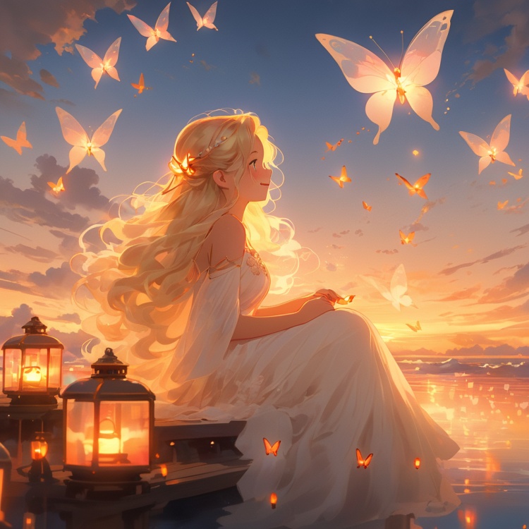 (\shen ming shao nv\),glowing butterfly,1girl, long hair, solo, blonde hair, sitting, white dress, cloud, sky, sunset, profile, outdoors, from side, lantern, ocean, blurry, water, smile, closed mouth