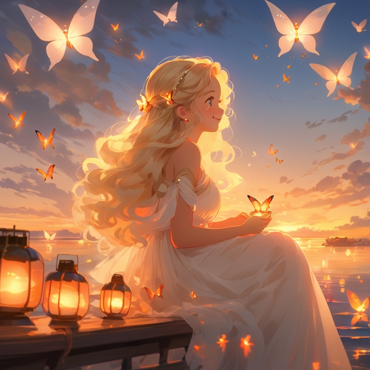 (\shen ming shao nv\),glowing butterfly,1girl, long hair, solo, blonde hair, sitting, white dress, cloud, sky, sunset, profile, outdoors, from side, lantern, ocean, blurry, water, smile, closed mouth