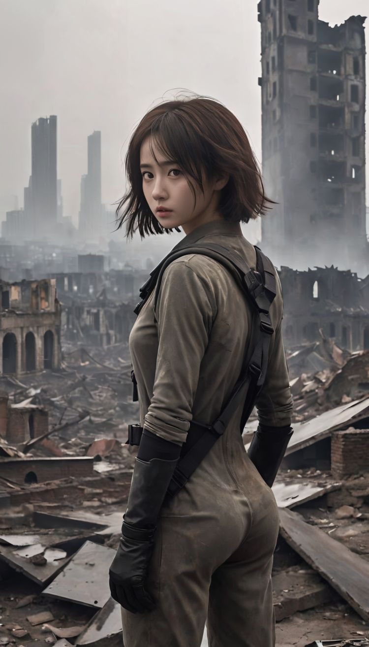 We saw a young woman standing among the ruins. Her posture appeared determined and alert,and the backpack she carried seemed ready for the long haul. She was practically dressed in a gray leotard and black gloves,suitable for action in harsh environments. Her short hair was wind-blown,but her eyes were resolute and she looked far away. The outline of the city behind it looms under the hazy sky,emphasizing the silence and emptiness that followed the disaster. The whole scene reveals a desolate and post-apocalyptic atmosphere,and her existence seems to be a small spark of life in this chaotic world.,