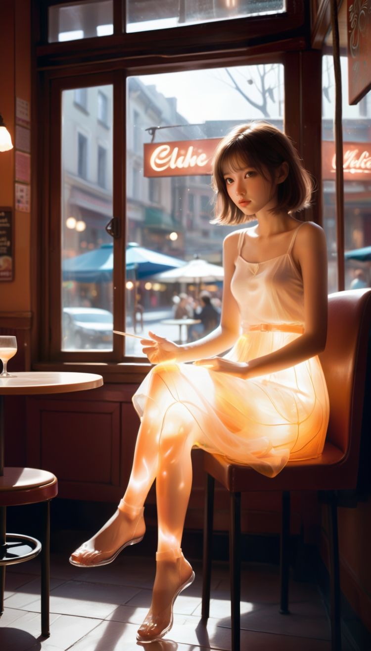 A girl sits in a café,her limbs translucent and glowing softly,drawing curious glances from those around her.,
