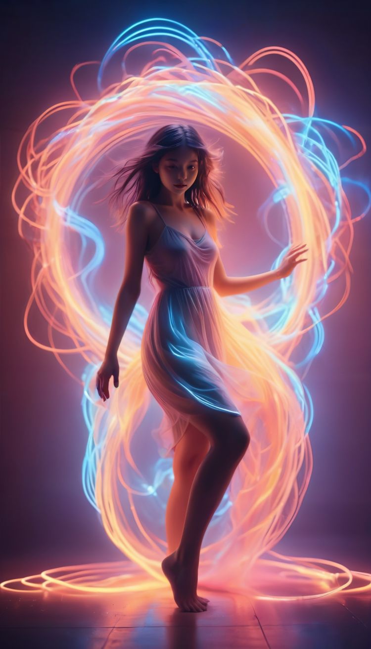 Neon noir,long exposure,motion blur,1girl,(Glowing ambiance, enchanting radiance, luminous lighting, ethereal atmosphere, mesmerizing glow, evocative hues, captivating coloration, dramatic lighting, enchanting aura),(full body photo:1.5),barefoot,