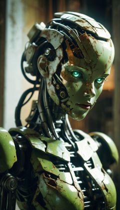 a broken feminine humanoid robot,At night,a light shone on her,dented,scratched,flaking peeling paint,in a abandoned interior room,mossy and fungus,once pretty,An artistic photograph,closeup 50mm f/1.3,Metal threads,with some parts already rusting,A close-up shot of a real metallic mechanical gear structure photo,metal,no humans,reflection,Mecha,green,