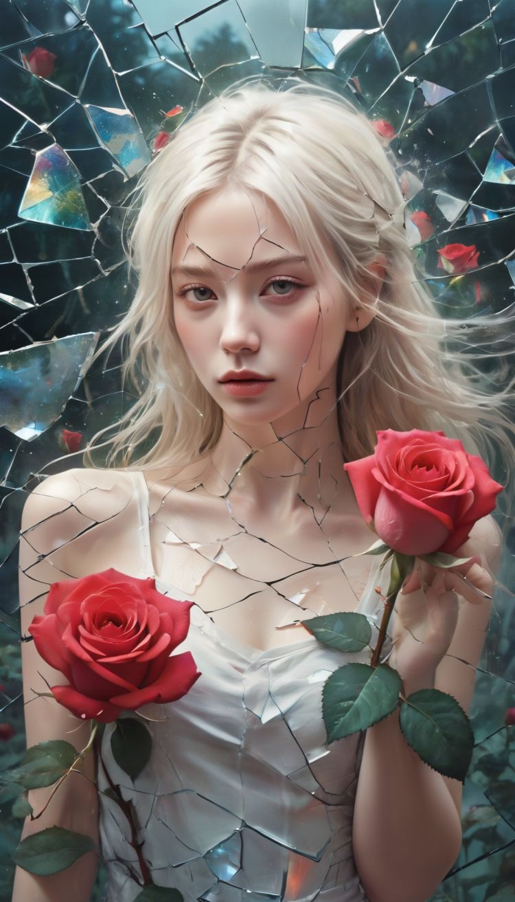 Compose a deeply emotional and visually stunning image featuring a young Norwegian woman,face as cracked broken glass,natural skin,in the Garden of Eden,with delicate multicolored roses,incorporate abstract art elements conveying a broken glass effect,conveying shattered memories and a tinted background with vivid shades to enhance the emotional impact,include rose thorns dripping with blood,adding to the overall beauty and evocative nature of the piece,hyper-detailed and intricate elements,The dramatic atmosphere enhances the overall high-quality and detailed nature of this stunning piece of artwork,style of Josan Gonzalez,streets of broken glass,