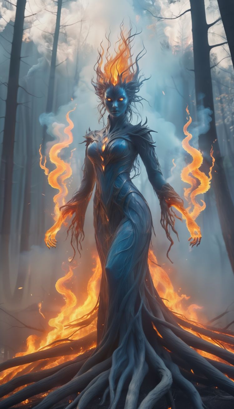highly detailed,masterpiece,malicious fire elemental emerges from (burning forest:1.2),evil eyes,trees on fire and rising smoke background,faint blue hue,swirling fire,mythical,mystical,glowing_hands,