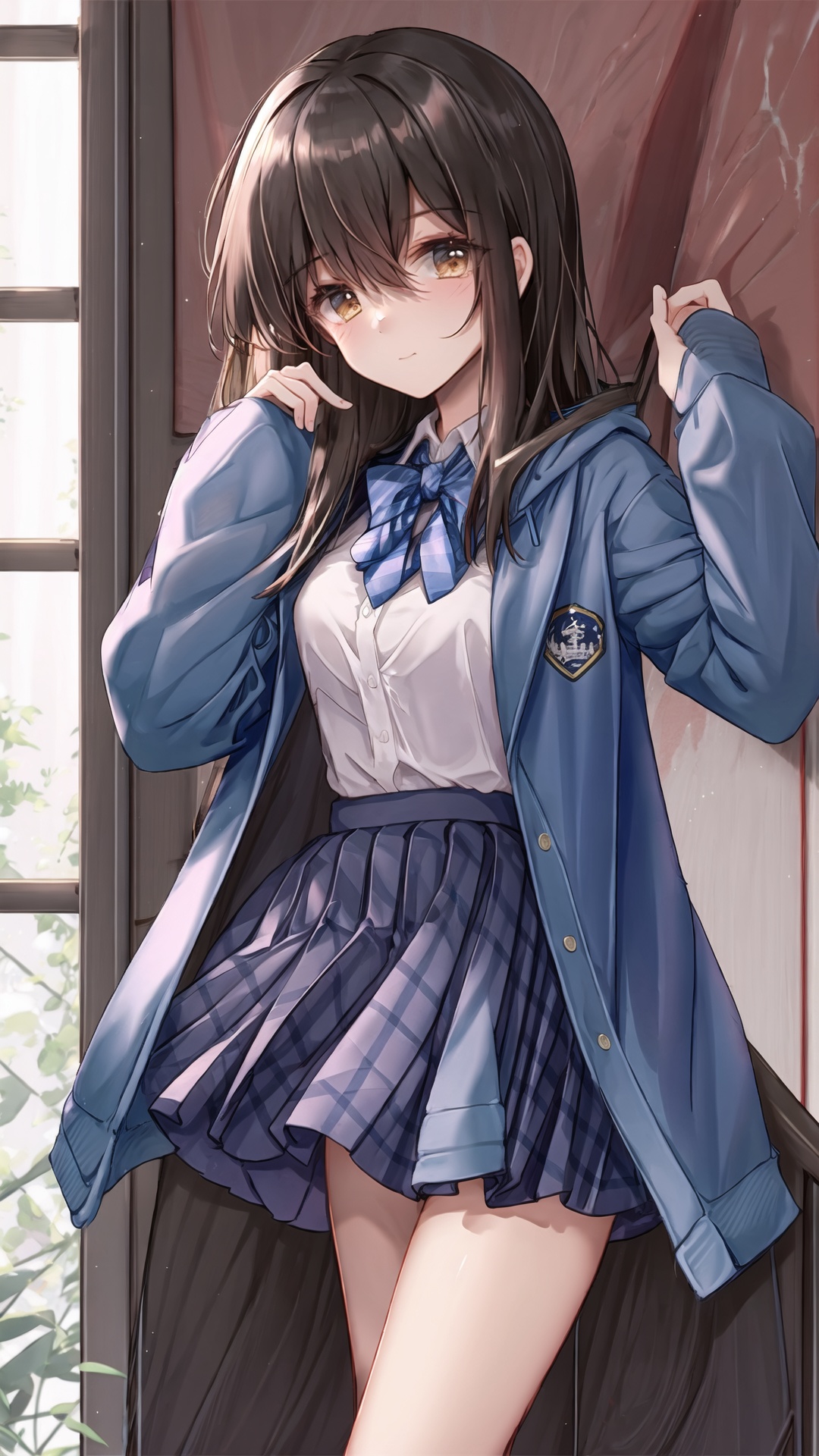 1girl, Hermes, solo. jacket, school uniform, blue jacket, plaid skirt, long sleeves, pleated skirt, blazer, red skirt, sweater; looking at viewer, standing, cowboy shot,