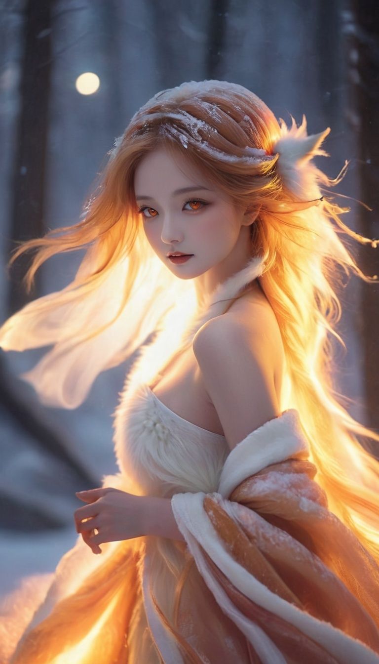 cowboyshot,dynamic angle,(fantasy style:1.2),(high quality:1.3),(best quality:1.3),(masterpiece:1.3),official art,official wallpaper,4k textures,(epic:1.2),sensualelegant,(surreal foxwoman:1.1),(fox:1.1),kitsune,beautiful eyes,amazing body,(curvaceous figure:1.1),sexysmiling lips,(slim waist:1.1),(large breasts:1.1),(soft fur:1.1),(voluptuous curves:1.1),(yellow eyes:1.1),(glowing eyes:1.1),(orange hair:1.1),(flowing tail:1.1),sensually posed,flirtatious expression,alluring gaze,feminine charm,orange,(fox fur coat:1.2),exquisite makeup,glossy hair,(mysterious atmosphere:1.2),moonlight setting,midnight sky,(twilight:1.2),subtle sparkles,whimsical vibes,magical energy,(enchanting aura:1.1),(ethereal glow:1.1),(dreamlike world:1.4),(detailed:1.05),(extremely detailed:1.06),sharp focus,(intricate:1.03),(extremely intricate:1.04),(epic scenery:1.09),low contrast,soft cinematic light,soothing tones,hdr,(beautiful scenery:1.08),(detailed scenery:1.08),(intricate scenery:1.07),(wonderful scenery:1.05),(beautiful face:1.1),[perfect eyes:0.8],[perfect skin:0.8],[detailed face:0.8],[detailed eyes:0.8],[detailed hair:0.9],[detailed lips:0.8],<lora:xl-shanbailing-1123Hanfu-000010:1>, fur_coat,dress,clothes,