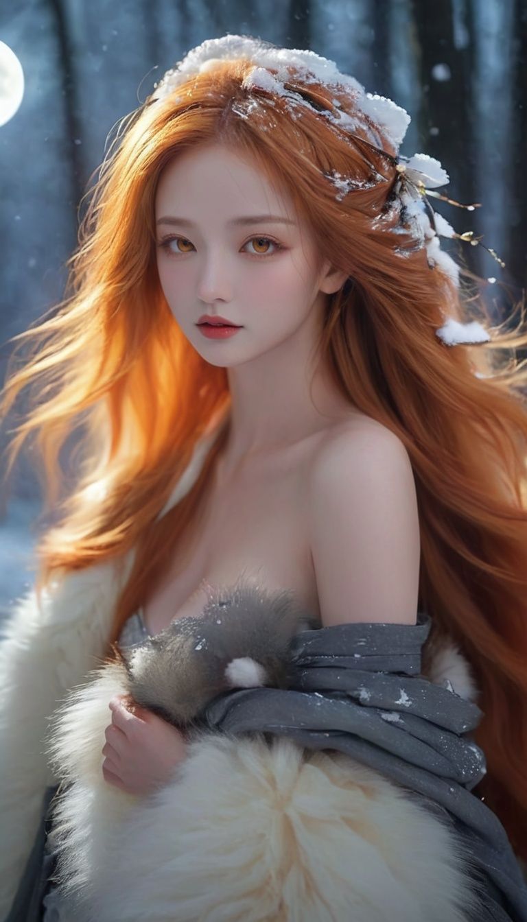 cowboyshot,dynamic angle,(fantasy style:1.2),(high quality:1.3),(best quality:1.3),(masterpiece:1.3),official art,official wallpaper,4k textures,(epic:1.2),sensualelegant,(surreal foxwoman:1.1),(fox:1.1),kitsune,beautiful eyes,amazing body,(curvaceous figure:1.1),sexysmiling lips,(slim waist:1.1),(large breasts:1.1),(soft fur:1.1),(voluptuous curves:1.1),(yellow eyes:1.1),(glowing eyes:1.1),(orange hair:1.1),(flowing tail:1.1),sensually posed,flirtatious expression,alluring gaze,feminine charm,orange,(fox fur coat:1.2),exquisite makeup,glossy hair,(mysterious atmosphere:1.2),moonlight setting,midnight sky,(twilight:1.2),subtle sparkles,whimsical vibes,magical energy,(enchanting aura:1.1),(ethereal glow:1.1),(dreamlike world:1.4),(detailed:1.05),(extremely detailed:1.06),sharp focus,(intricate:1.03),(extremely intricate:1.04),(epic scenery:1.09),low contrast,soft cinematic light,soothing tones,hdr,(beautiful scenery:1.08),(detailed scenery:1.08),(intricate scenery:1.07),(wonderful scenery:1.05),(beautiful face:1.1),[perfect eyes:0.8],[perfect skin:0.8],[detailed face:0.8],[detailed eyes:0.8],[detailed hair:0.9],[detailed lips:0.8],<lora:xl-shanbailing-1123Hanfu-000010:1>, fur_coat,dress,clothes,