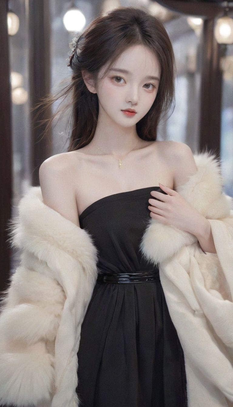 <lora:xl-shanbailing-1123Hanfu-000010:0.8>,1girl,solo,fur_coat,black dress,科技风格,