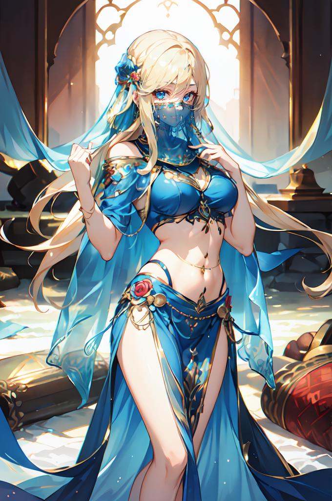 ultra detailed, masterpiece, best quality, solo, soft smile, light smile, 1girl, blue eyes, very long hair, blonde hair, long blonde hair, french braid, bangs, medium breasts, hair ribbon,  <lora:harem-dress-v1.1:1> harem-clothes, harem, jewelry, veil, see-through, mouth veil, navel piercing,