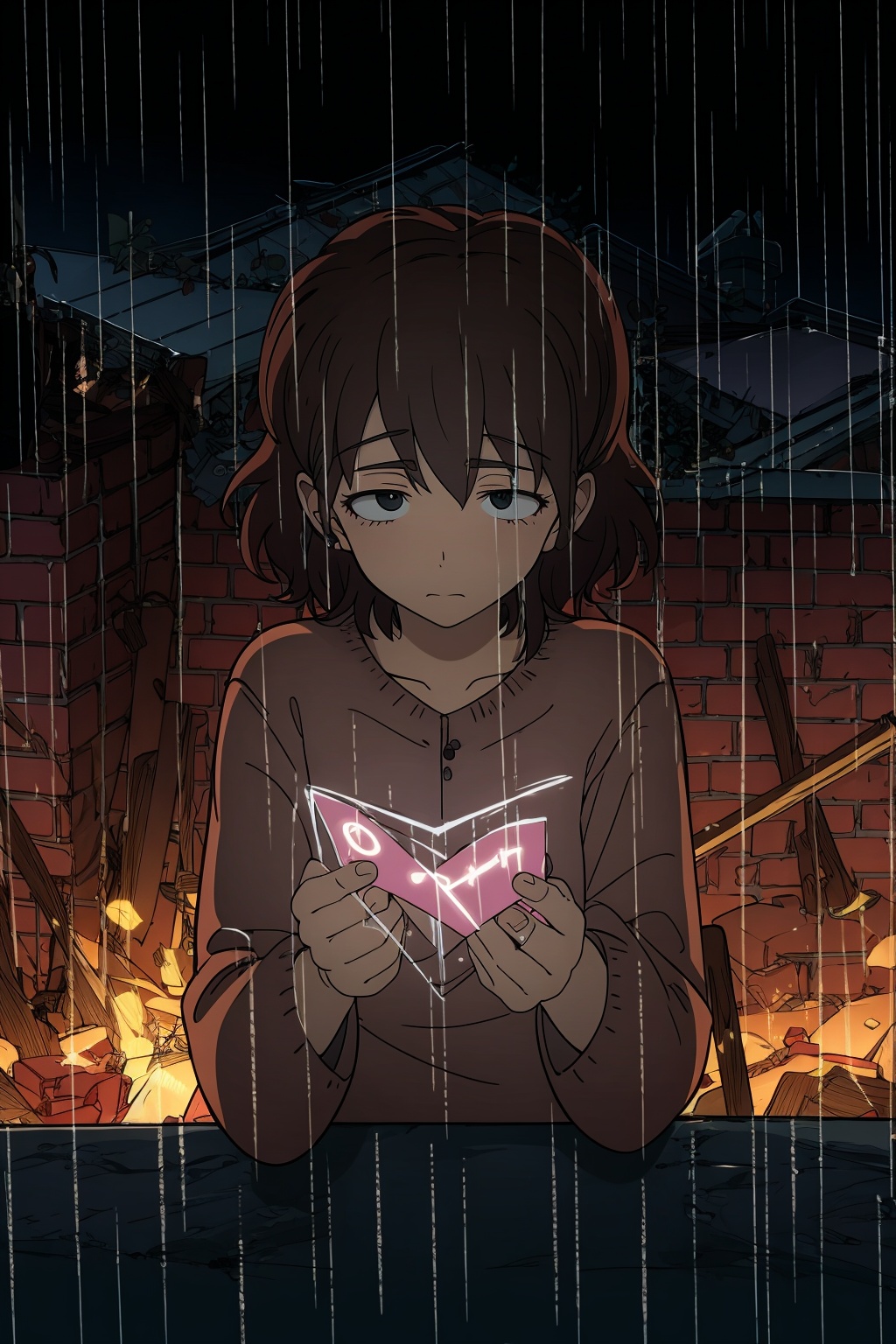 (masterpiece:1.3),best quality,highres,extremely detailed CG,perfect lighting,8k wallpaper,,worried expression, darkened room, teary eyes, clenched fist, messy hair, heavy rain outside, abandoned letter, broken heart, lonely silhouette