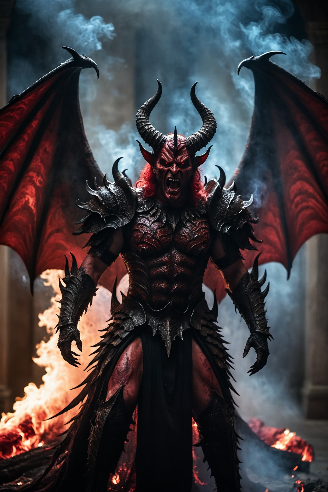Horror-themed cinematic film still,  a horrifying red-skinned male demon king, on Tensor.Art