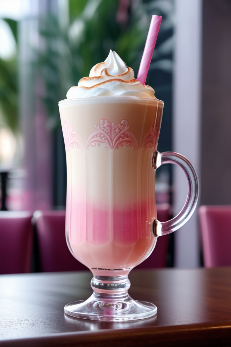 a magical fairy latte,  in a transparent pink-tinted glass,  high quality on Tensor.Art