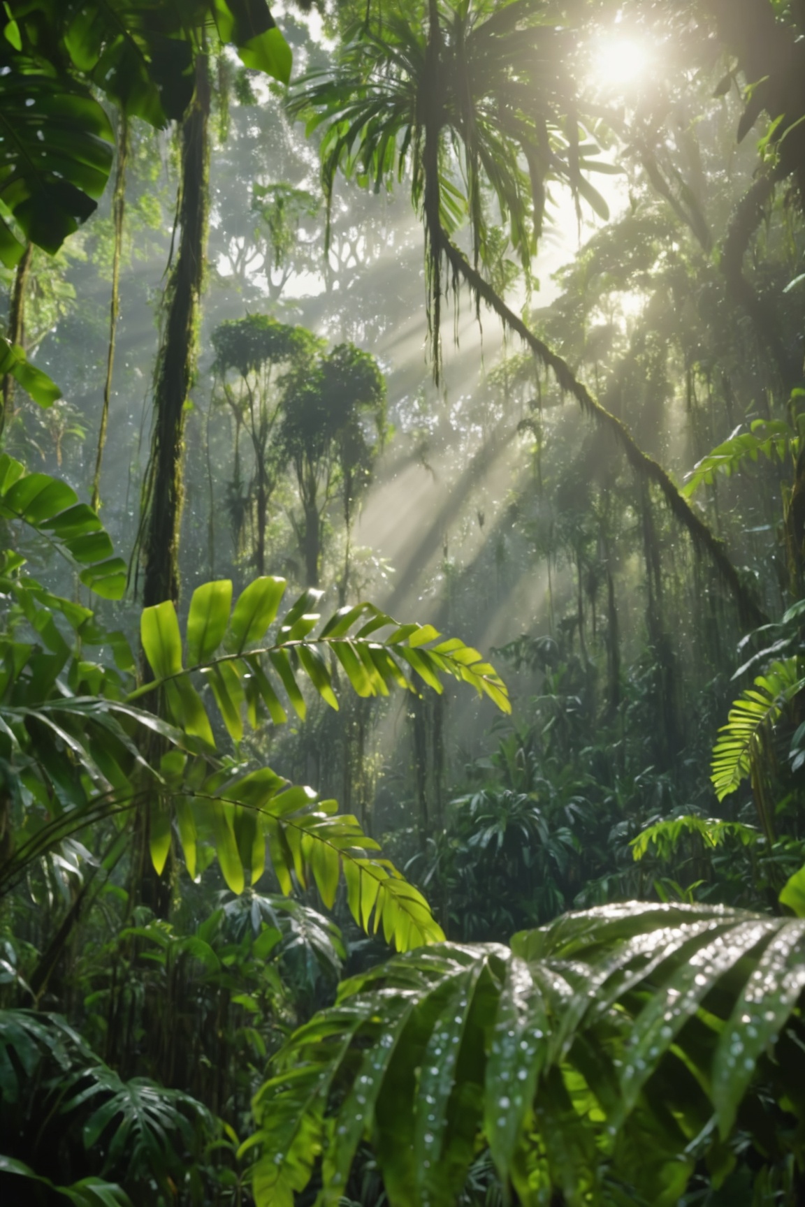 A dense rainforest canopy where sunlight pierces through,  highlighting the dew-covered leaves that gleam in shades of gre...
