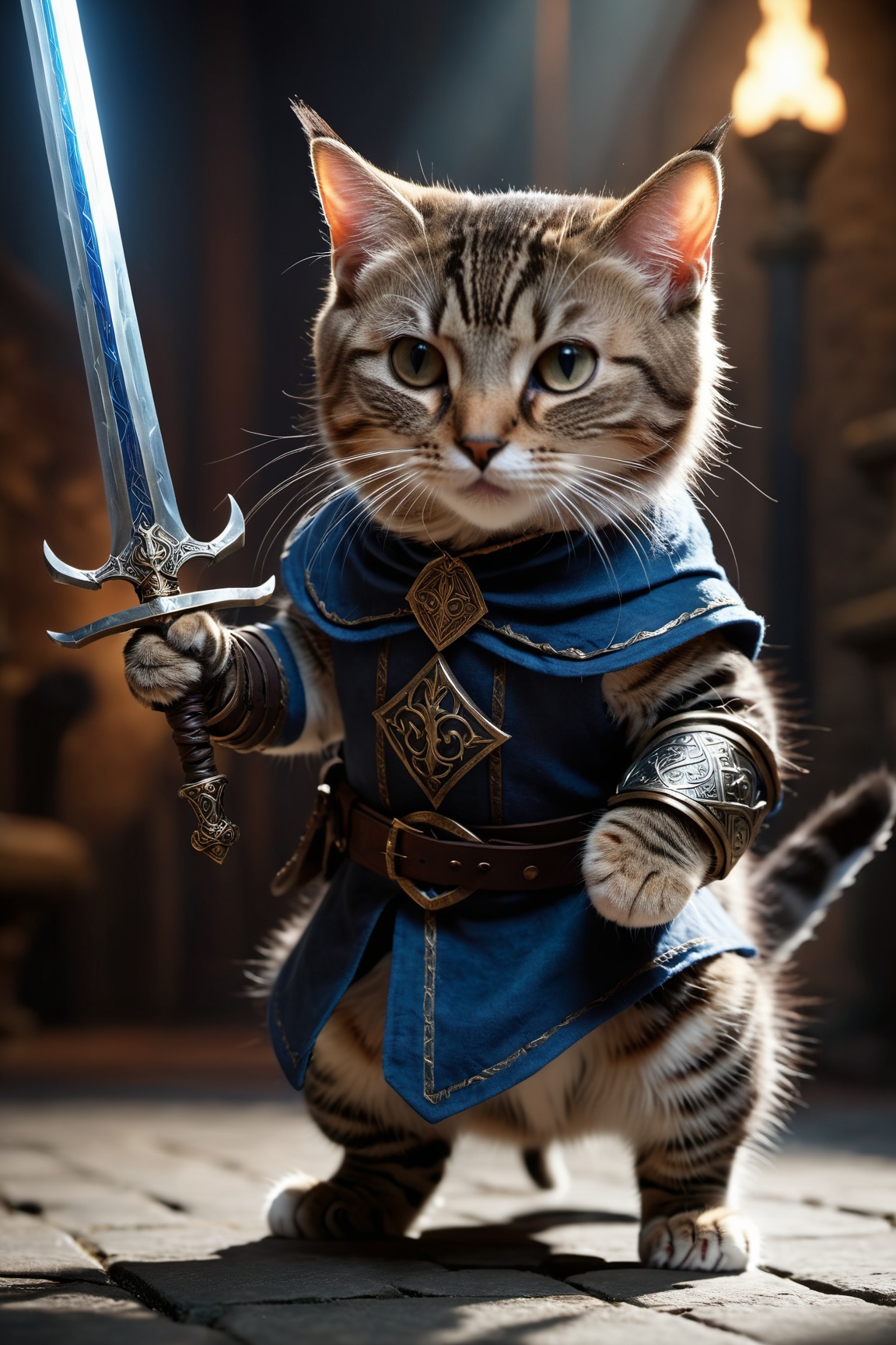 ),  A cute cat battle mage,  sword and shild with runes on Tensor.Art